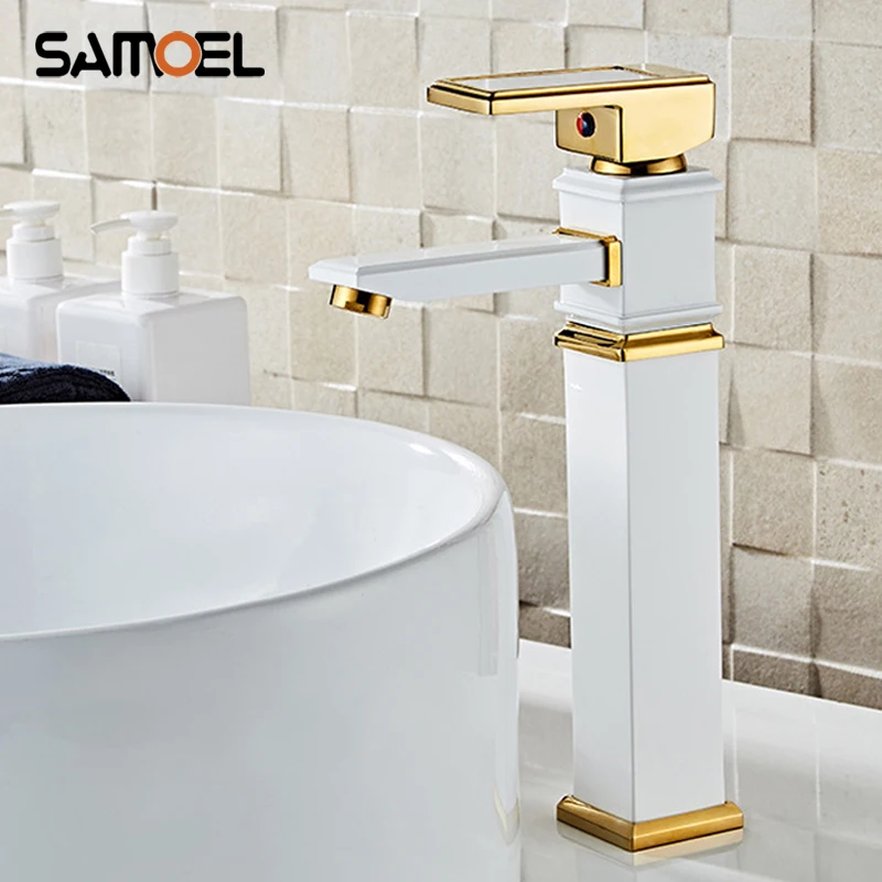 Newest 2019 Modern Brass White and Gold Bathroom Sink Mixer Taps Deck Mount Square Washbasin Faucet W3048