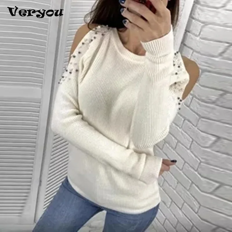 2021 Autumn Winter Women Knitted Sweater Long-Sleeved Solid Color Beaded Round Neck Pullover New Lady Bottoming Sweaters