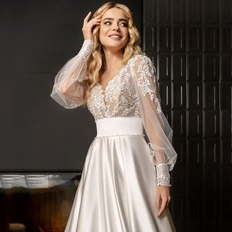 Robe de Mariée en Satin Élégante, Col en V, Ligne A, Perles, Manches sulf, Haut en Dentelle, Dos aux, Style Boho, pour les Patients, 2024