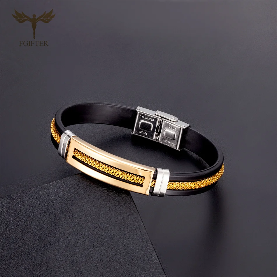 Men Stainless Steel Bracelets Black Silicone Wristband Belt With Golden Chain Cool Wrap Cuff  Bangle Fashion Jewelry Accessories