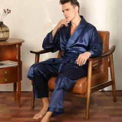 Men Navy Blue Bathrobe Pajamas Set Spring Summer Silk Satin Pijamas Suit Sleepwear Loose Casual Male Home Clothes Nightwear