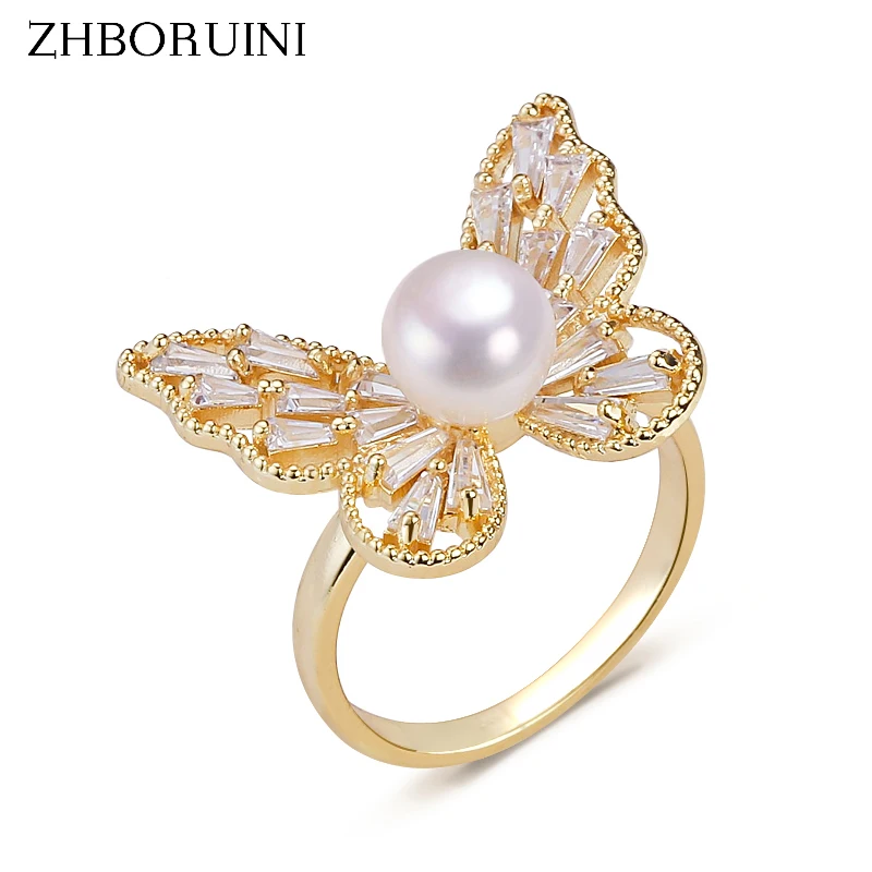 ZHBORUINI Exquisite Butterfly Pearl Ring AAA Zircon Natural Pearl 14K Gold Gild Diamond Design Female Ring Jewelry For Woman