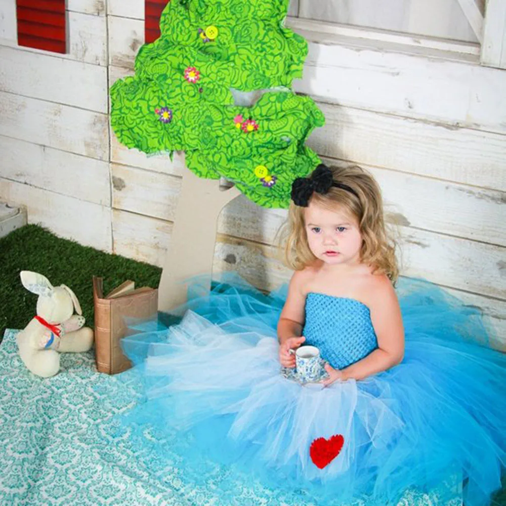 Girls Alice Tutu Dress Baby Turquoise White Tulle Dress Ball Gown with Red Heart and Hairbow Kids Cosplay Party Costume Dresses