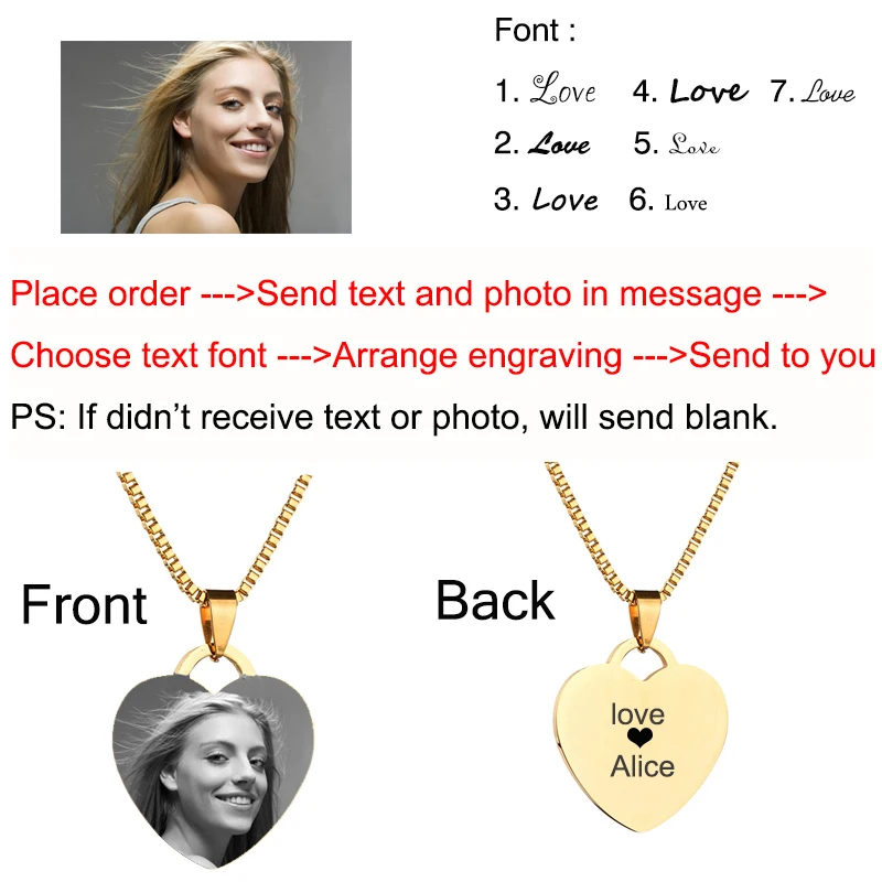 Customized Necklaces Engrave Photo Name Necklace Stainless Steel Heart Pendant Chain Necklace Fashion Jewelry For Women ID Tag