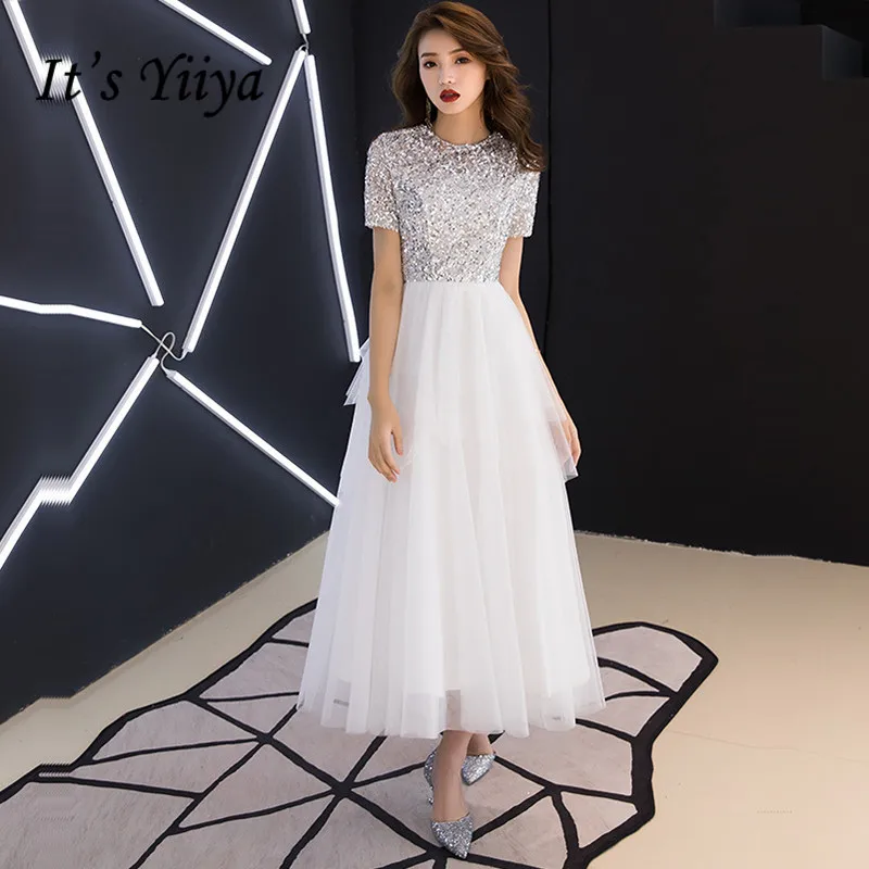 

It's Yiiya Crepe Prom Dress Patchwork Sequined O-Neck Prom Dresses Plus Size Short Sleeve A-Line Zipper Vestidos De Gala K387