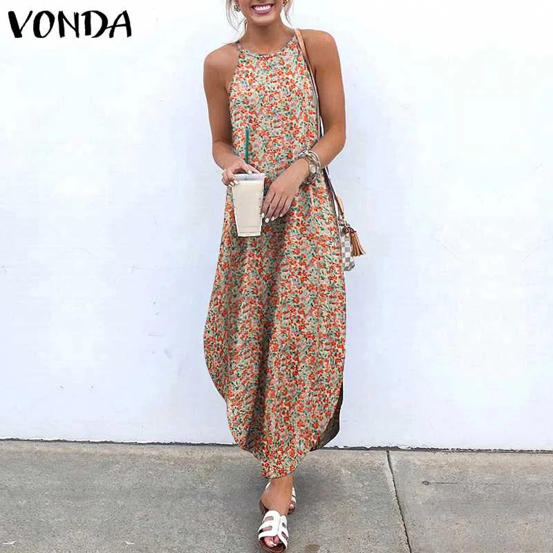 VONDA Summer Women Bohemian Printed Maxi Dress 2023 Sexy Halter Sleeveless Beach Sundress Causal Asymmetrical Long Dresses Robe