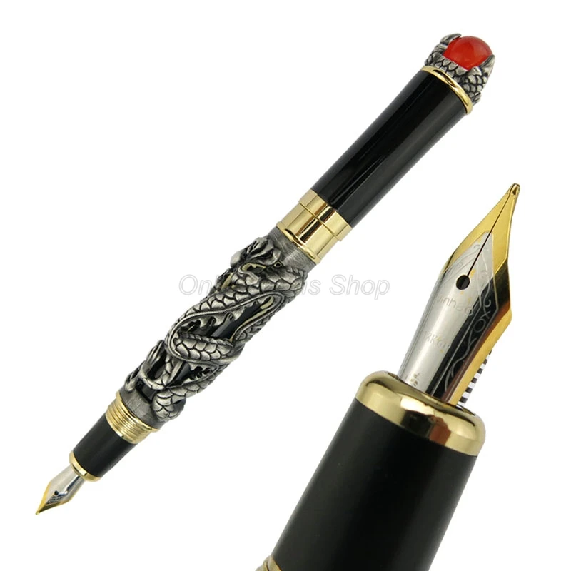 

Jinhao Dragon King 18KGP M Nib Fountain Pen, Metal Embossing Red Jewelry on Top, Grey Drawing For Writing Stationery