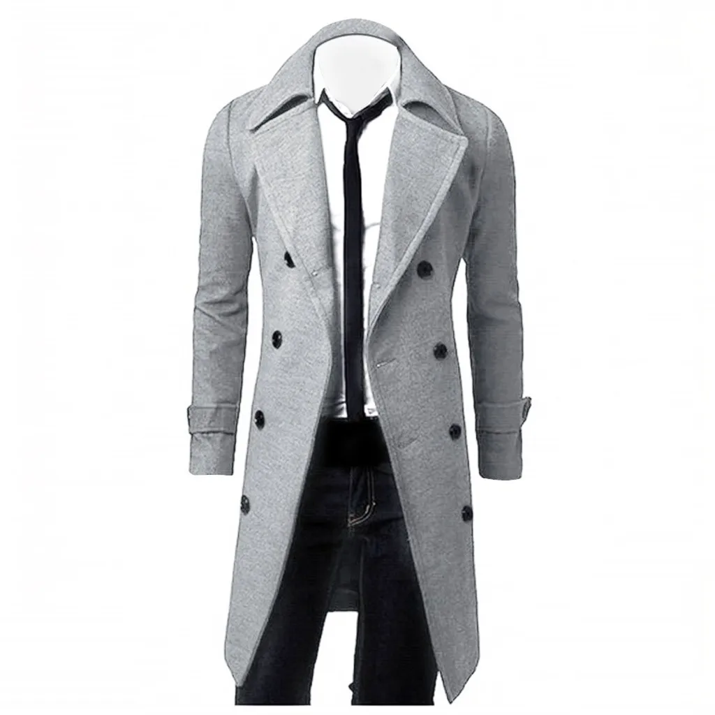 Chaqueta larga de otoño para hombre, cortavientos ajustado de alta calidad, color sólido, doble botonadura, marca de moda