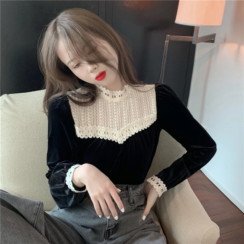 Neploe Black Blouse Women Clothes Lace Velvet Tops Fashion Korean Vintage Shirt Blusas Mujer De Moda Elegant Stand Neck Blouses