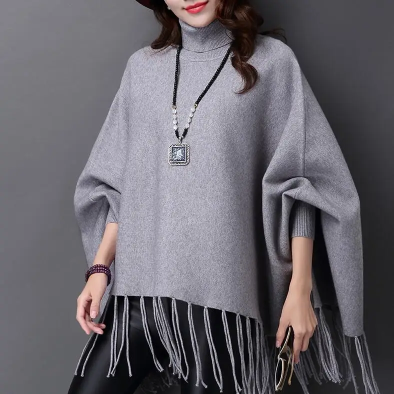 Turtleneck Cloak Sweater New Fashion Solid Knitting Poncho Batwing Sleeve Swing Tassel Hem Wrap Sweater Female