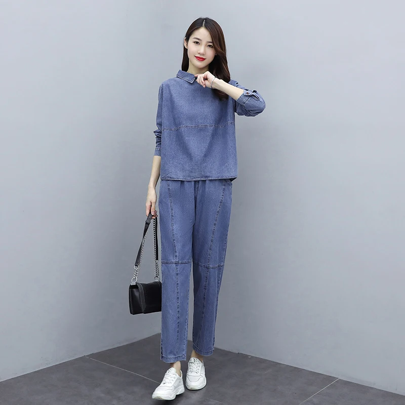 Fashion Large size Denim Suit Female 2023 Spring Autumn New Korean Loose Long-sleeved Denim+Pants Casual Student Two-piece suit