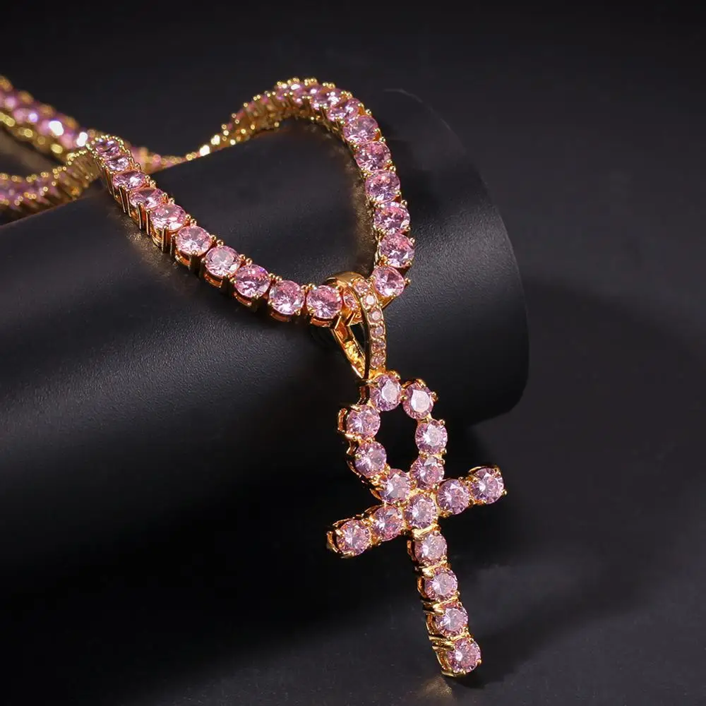 

AAA+ Pink Cubic Zirconia Ankh Corss Pendants Bling Ice Out 1 Row Pink CZ Stone Tennis Chain Necklaces Men Women Hip Hop Jewelry