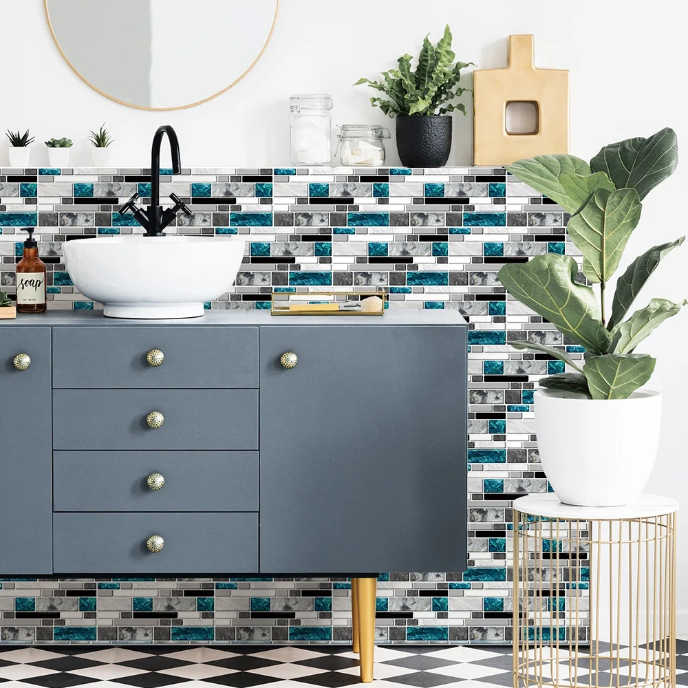 Adesivo de vidro azul de ágata, adesivo de tijolos mármore de pvc para decoração de parede de azulejo e azulejo, 36/peças, 20x10cm