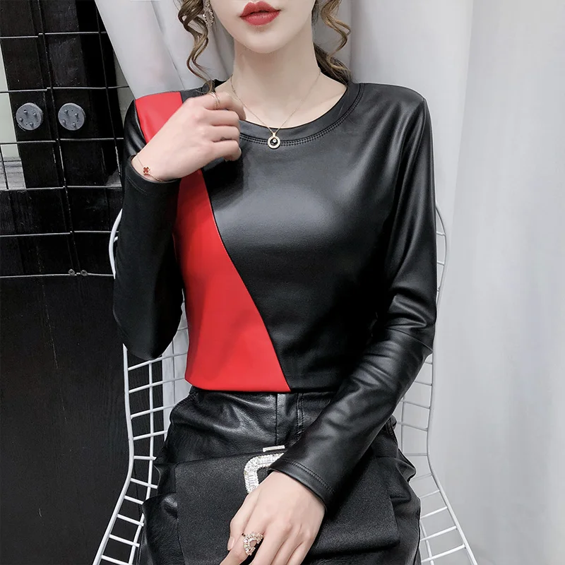 Winter Women\'s Blouse Leather Tops for Women Patchwork Oversize 4XL PU Leather Shirt Women Elastic Warm Velvet Top Women Shirts