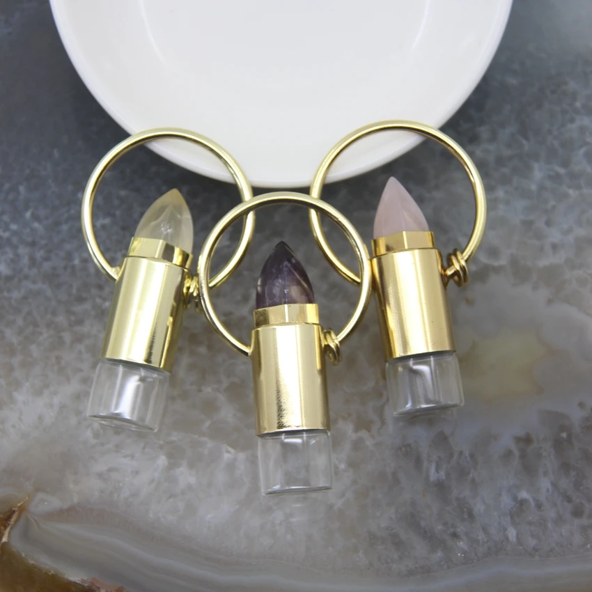 Natural Rose Qaurtzs White Crystal Golden Perfume Essential Oil Diffuser Roll On Bottle Pendant Necklace DIY Jewelry Women Gift