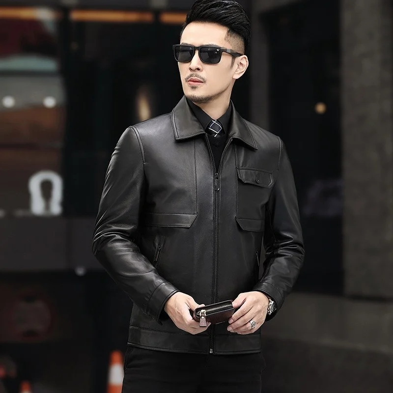 High New Quality 100% Real Sheepskin Business Casual Jacket Men Autumn Outerwear Slim Fit Lapel Genuine Leather Biker Short Coat