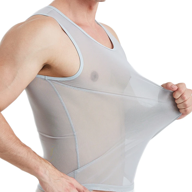 Sexy Men Undershirts Mesh Transparent Breathable Muscle Shapers Fitness Vest Loose Casual Sleepwear Male See Through Tanks Tops