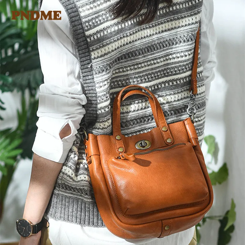 Vintage high-quality handmade Genuine leather kitty bag natural cowhide lock handbag soft leather shoulder messenger female bag