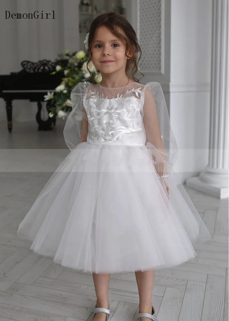 Ivory Lace Tulle Long Sleeve Flower Girl Dress Kids Tutu O Neck Big Bow Girls Clothes First Communion Dress Size 1-14Y