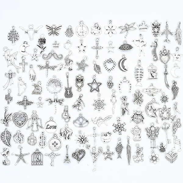 100pcs Mixed Styles Animal Heart Key Crown Charms