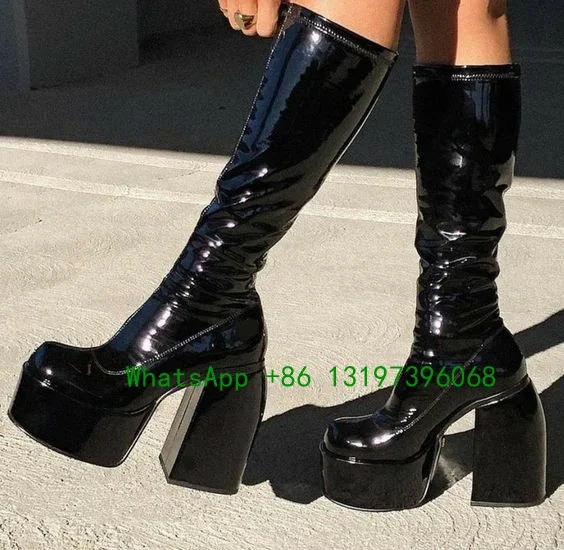 

Lady sexy ​round toe platform Thick heel high boots Patent Leather calf boots Punk large size lady's booties spring/fall