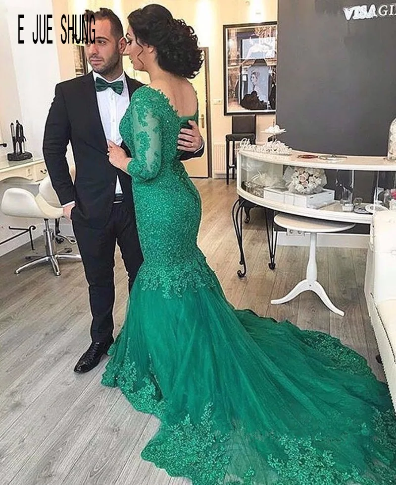 E JUE SHUNG-Vestido De Novia De sirena verde, precioso Vestido De Novia De manga larga con cuello De pico en la espalda y cordones, con cuentas