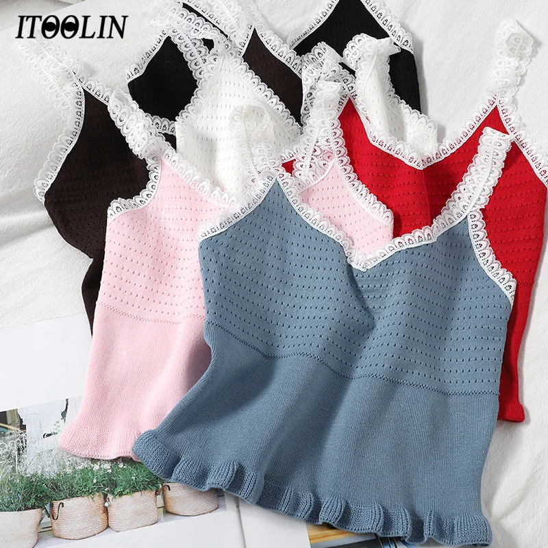 ITOOLIN Lace Knitted Cute Patchwork Tank Crop Top Cottagecore Corset Bustier Ruffle Women Spring Summer Skinny Mesh Clothes