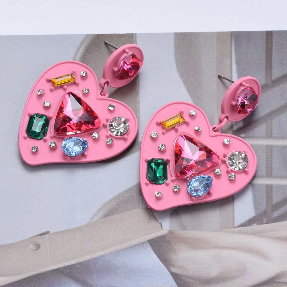 2024 New ZA Fashion Enamel Pink Heart Shape Metal Earrings Women Luxury Crystal Rhinestone Indian Statement Earrings Jewelry