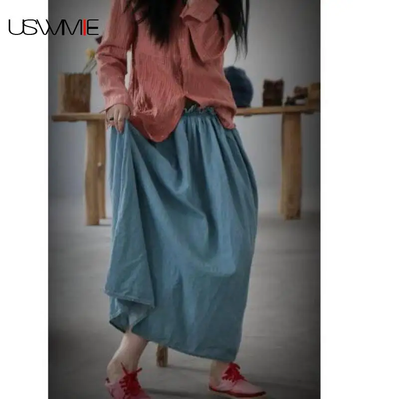 Skirts Womens Summer Spring Literature Outwear Casual Solid Color Do Old Elastic Waist Comfort Pocket Blue Denim Skirt