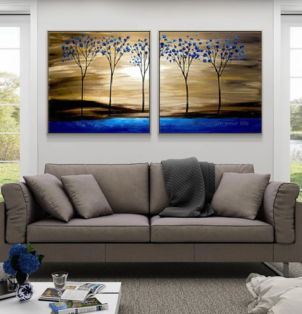 Decorative picture oil painting on canvas handmade blue tree lanscape painting abstract decoration murale salon for living room