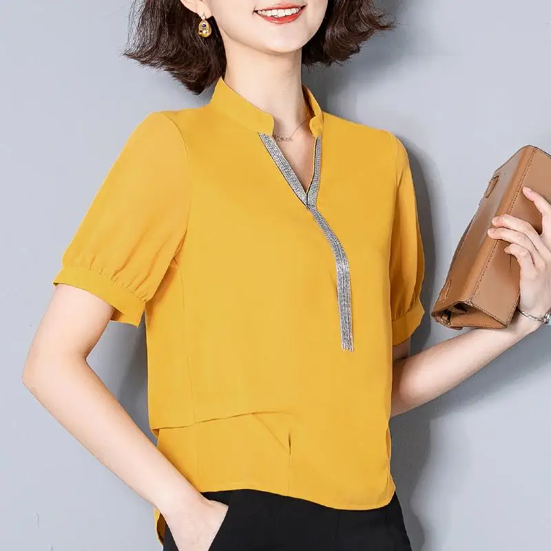 Beading Tassel Women V Neck Chiffon Blouse Short Sleeve Solid Casual Tee Shirts Large Sizes  Elegant Ladies Summer Fashion Shirt