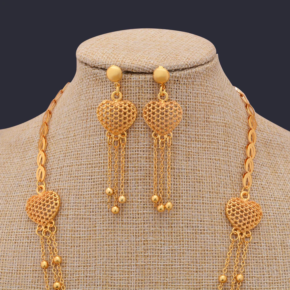 24K Dubai Gold Color Heart Jewelry Sets for women Necklace earrings Ring bridal African wedding ornament wife gifts Jewelry set