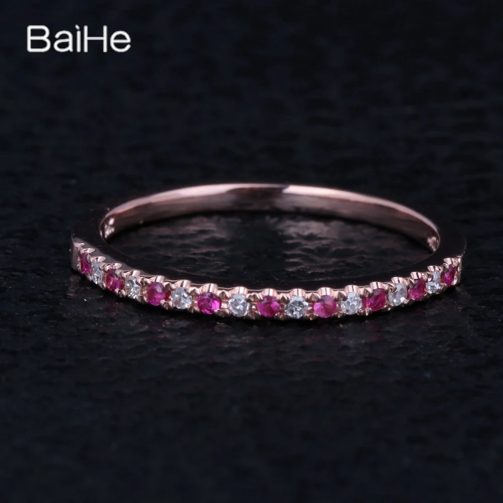 BAIHE Real Solid 14K Rose Gold Natural Diamonds Ruby Ring  Engagement Women Trendy Fine Jewelry Making Рубінавае кольца кольцo