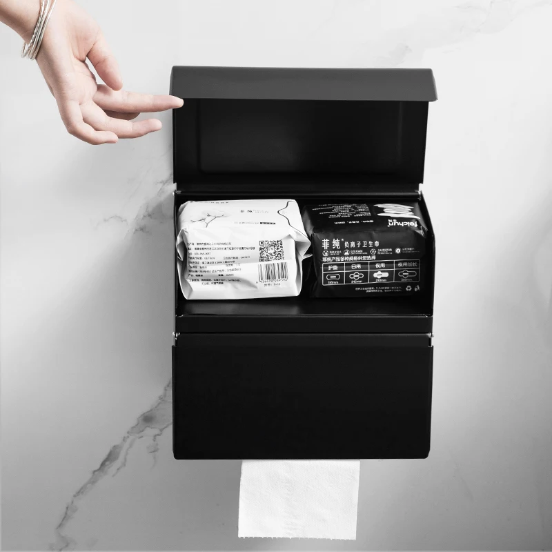 Black/Chrome Stainless Steel Wall Mounted Toilet Paper Holder Bathroom Storage Rack Paper Towel Roll Tissue Box Organizer 4
