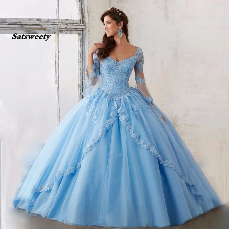 

2024 Sky Blue Long Sleeve Elegant Ball Gown Girls Quinceanera Dresses with Lace Appliques Vestidos De 15 Anos Sweet 16 Dresses