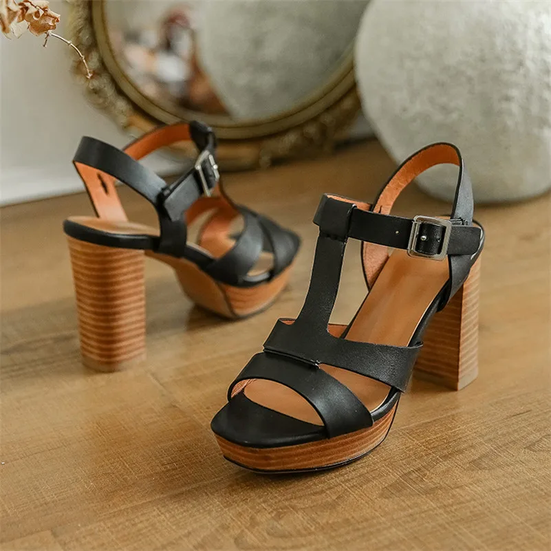 FOREADA Real Leather Sandals Buckle Strap Thick Heels Shoes Platform Extreme High Heels T-tied Square Toe Lady Party Sandals 40