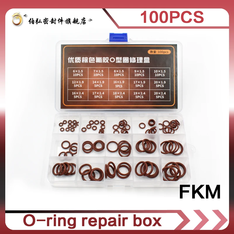 

100pcs Brown FKM O Rings fluororubber Kit 15Sizes Seal Sealing O-rings Washer Gasket O-Ring Set Assortment Set Kit Box
