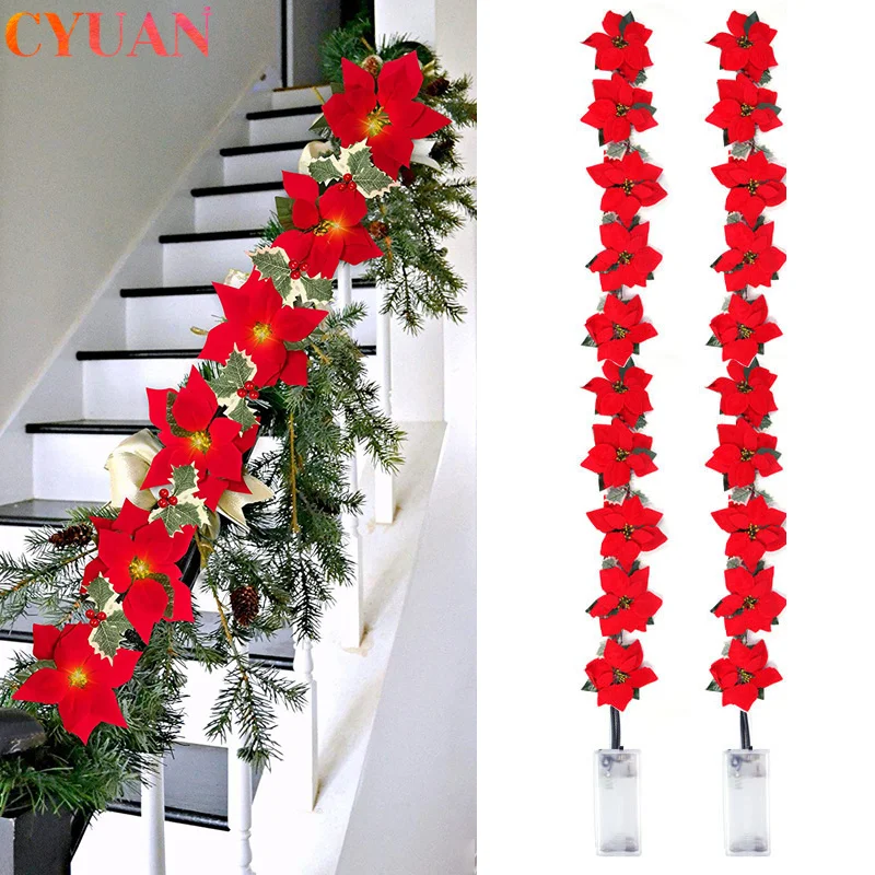 

2/3/4m Christmas Poinsettia Flowers Decorations Garland String Lights Xmas Tree Ornaments Christmas Indoor Outdoor Home Decor