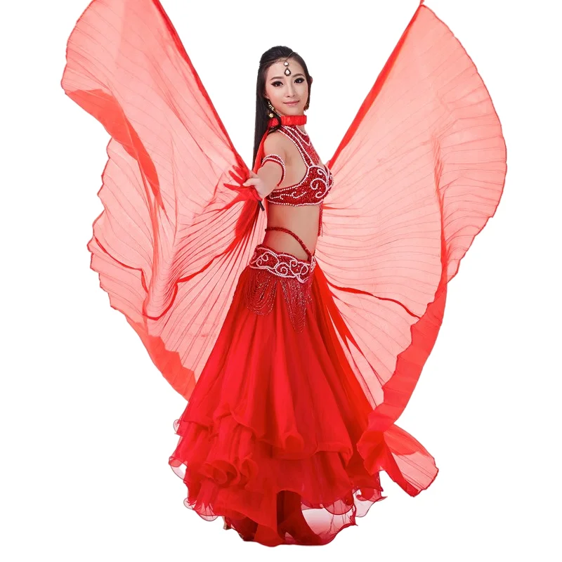 Dance Fairy Belly Dance Silk-like Transparent Isis Wings With Sticks Egyptian 360 Degrees Wing Black Orange Pink