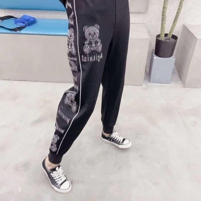 Streetwear Womens Bear Print Rhinestone Hot Drilling Loose Sweatpants Laies Casual Joggers Baggy High Waist Harajuku Harem Pants