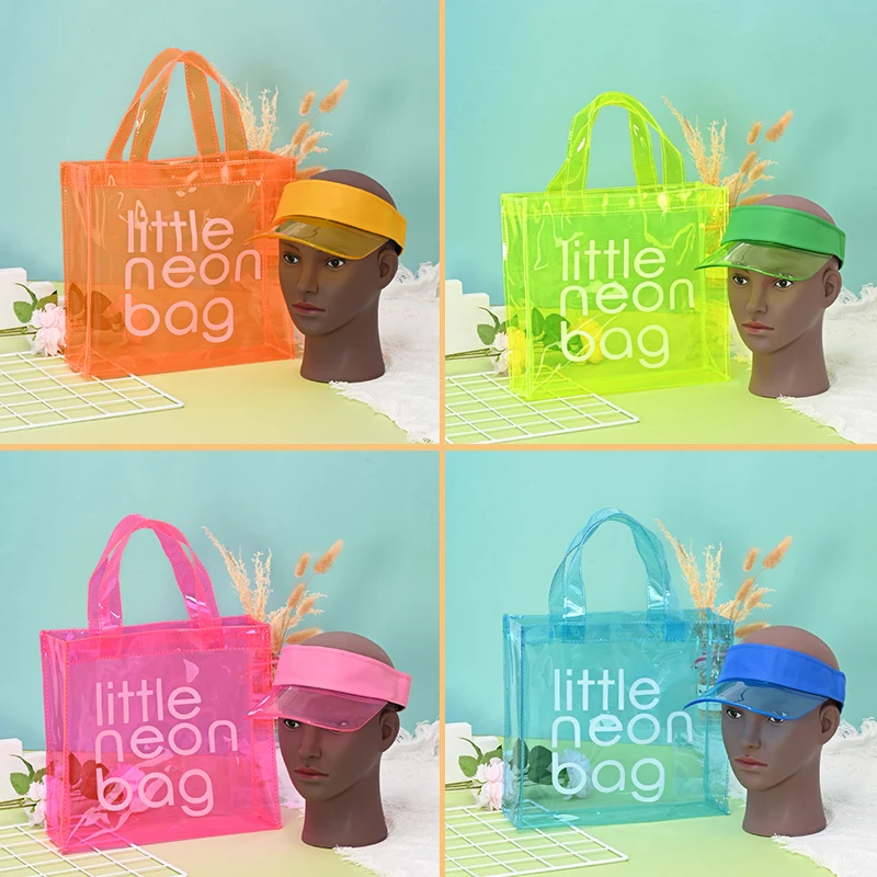 Hot Sale Candy Color Women Shopping Bags Fashion Pvc Clear Large Neon Tote Bag And Sun Visor Shade Hat Set