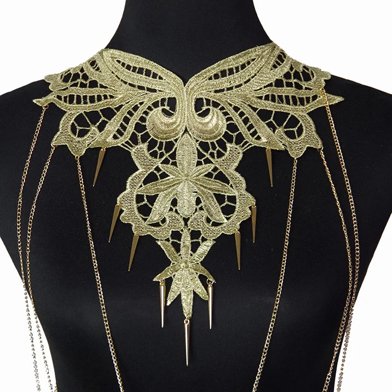 Lace Flower Body Chain Necklace Women Flower Collar Hollow Out Gothic Multilayer Chain Statement Jewelry Cosplay Accessories Emo