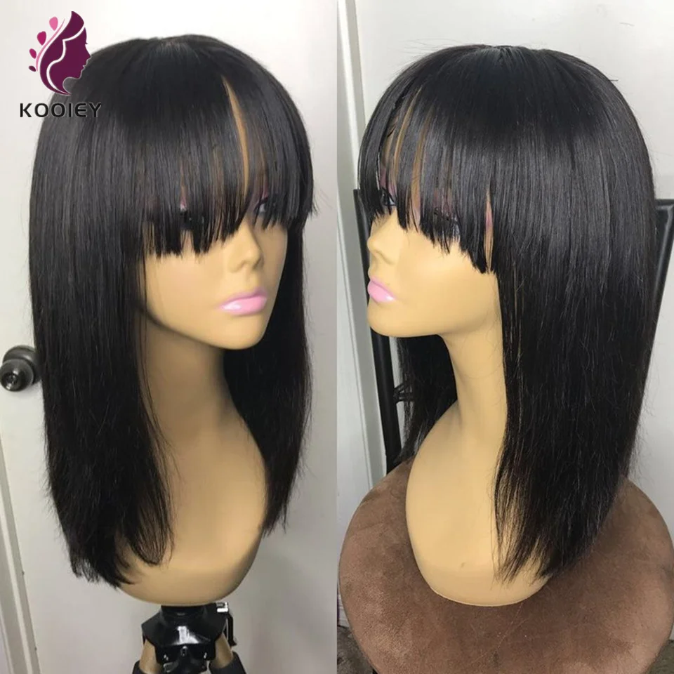 

Short Bob 13x4 Lace Front Wigs With Hair Bangs Brazilian Remy Natural Hair Wig 150% Density Silk Top Human Hair Wigs For Women