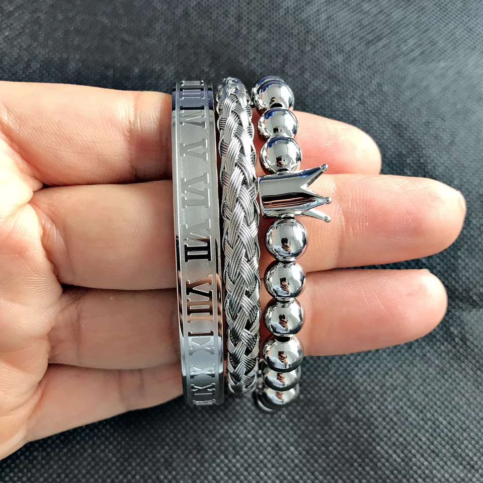 Luxury 3pcs/Set Stainless Steel Bracelet Hip Hop Men's Jewelry Roman Number Crown Charm Gold Color  Bangles For Men Pulseira