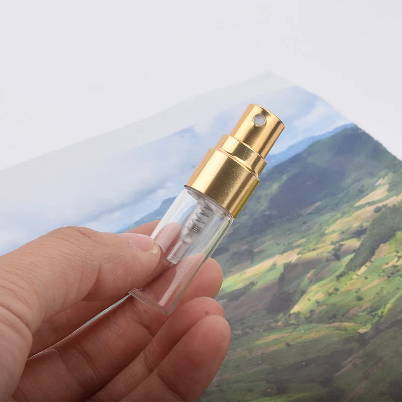 100 sztuk 2ml 3ml 5ml 10ml Atomizer szklany butelka wielokrotnego napełniania Colorfull aluminium cap perfumy w sprayu butelki butelki podróżne
