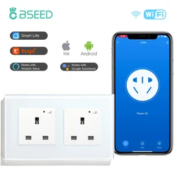 BSEED UK Standard Wall Sockets Wifi Double Smart Sockets England WIFI Socket Smart Life App Google Alexa Control Glass Panel 13A