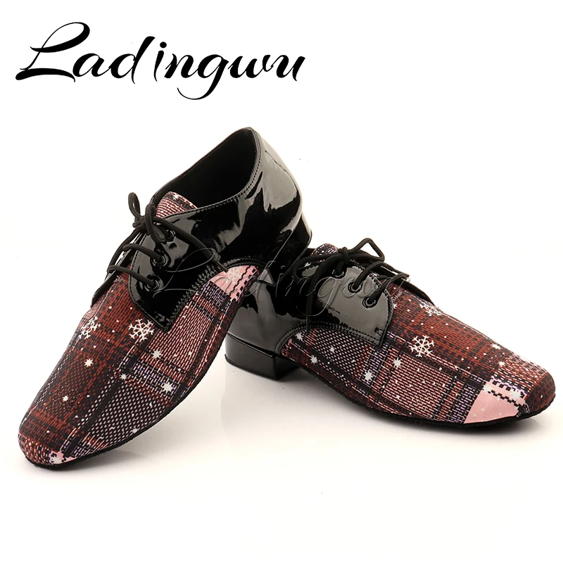 Ladingwu New Modern Men\'s Soft Bottom Latin Dance Shoes Brown Blue Denim Ballroom Waltz Samba Dance Shoes Heel 2.5/4.5cm