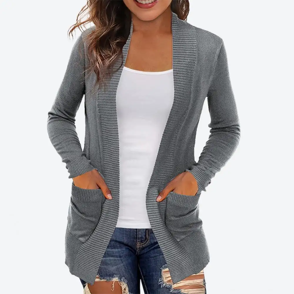 Women Coat Solid Color Simple Knitted Great Stitching Autumn Sweater Cardigan for Daily Wear