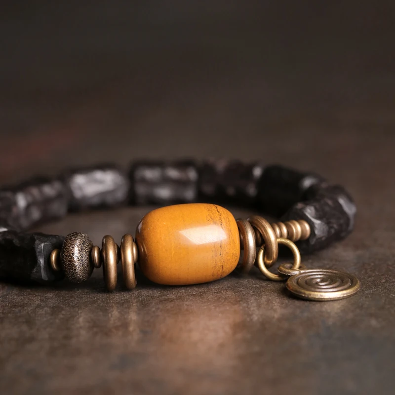 Hand Carved Strip Ebony Vintage Copper Bracelet Concave Convex Texture Black Wood Jewelry Men Women Ward Off Evil Bangle