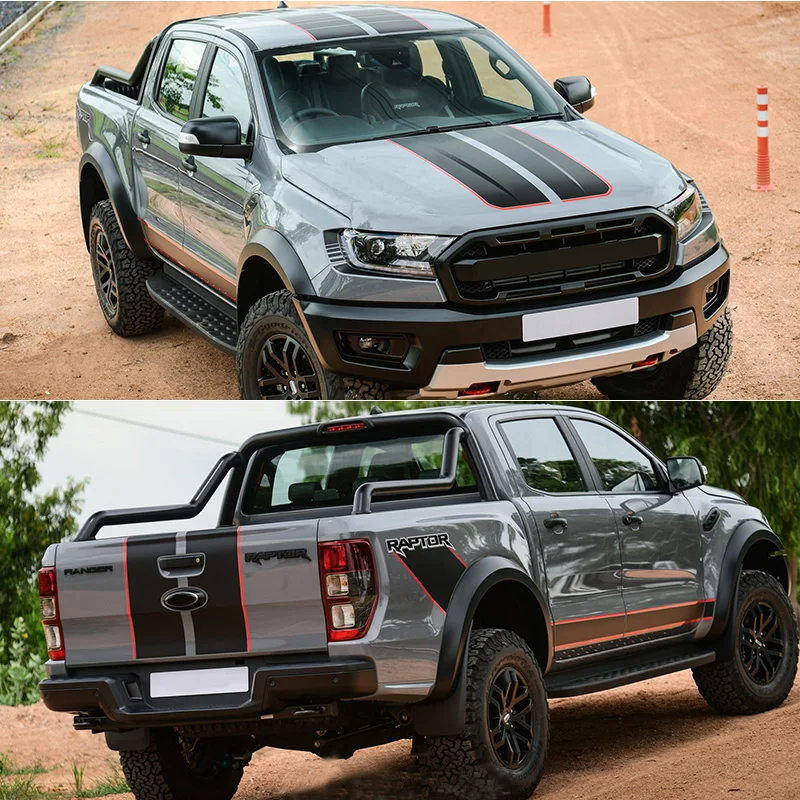 Sport Matte Black with Red Hood Stripe Sticker Body Side Waist Line Raptor Decal Vinyl Kit for Ford Ranger